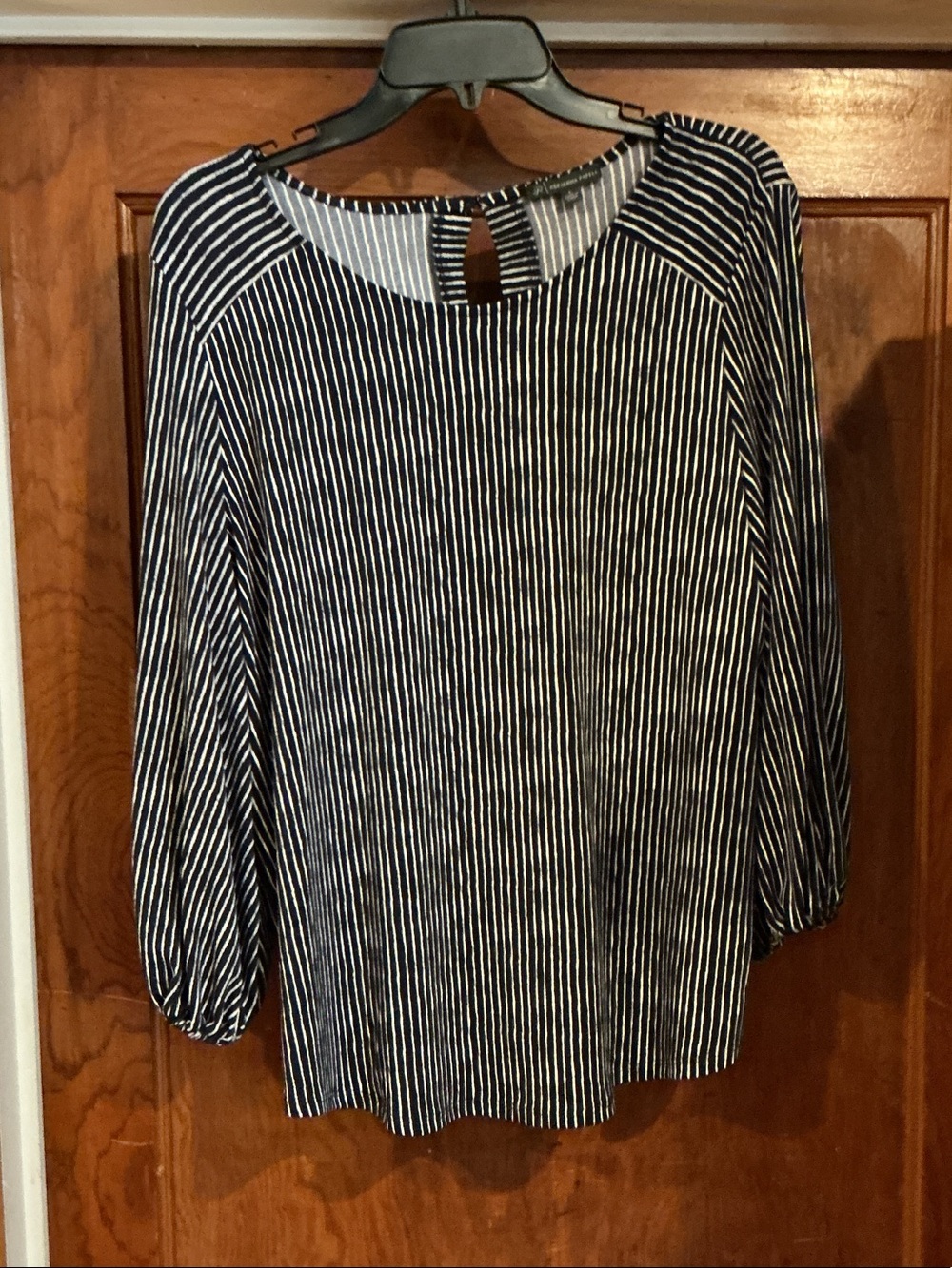 Adrianna Papell Navy and White Vertical Stripe Blouse